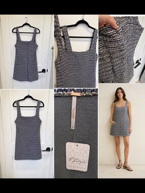 Free People Navy & White Tweed Square-Neck Mini Dress